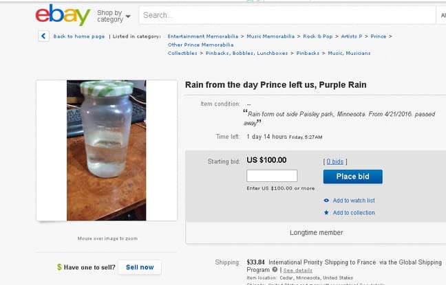 Un internaute met aux enchères sur ebay, la pluie recueillie le jour de la mort de Prince!
