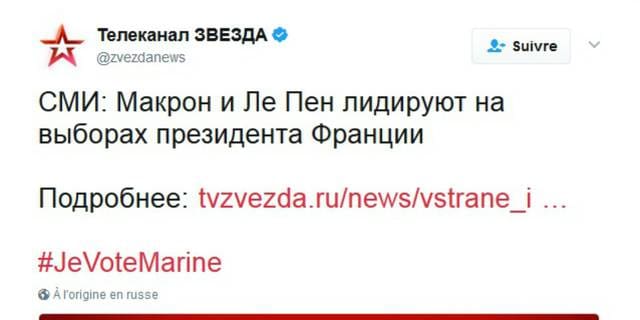 Russie: L’armée annonce les résultats du premier tour des élections présidentielle françaises avec le hashtag #JeVoteMarine